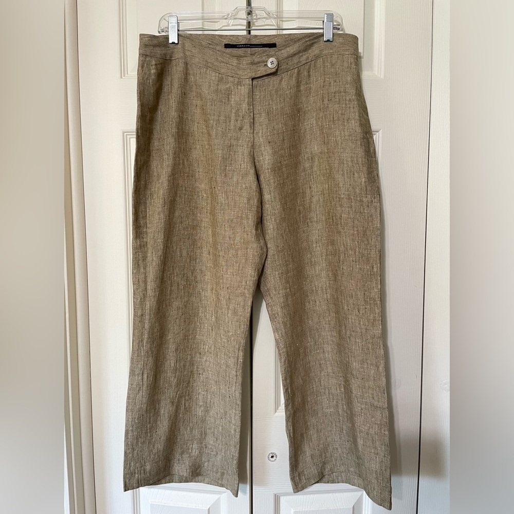 ISDA & CO Women’s Tan Linen Pants Wide Leg Cropped Trousers Coastal Size 8 EUC